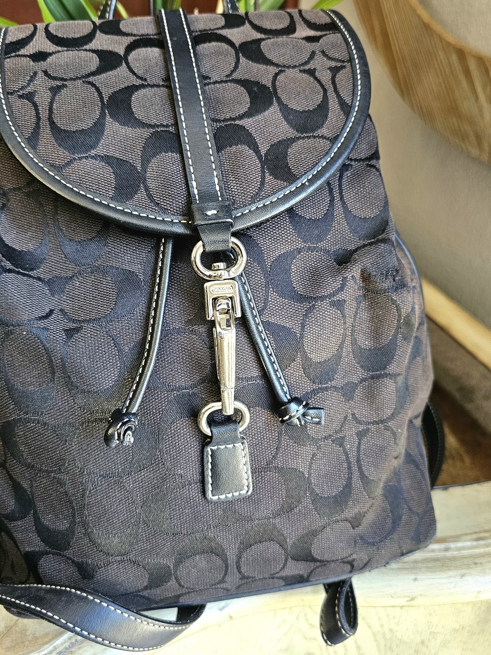Vintage Coach Signature Canvas Drawstring Backpack Black Leather Trim Monogram